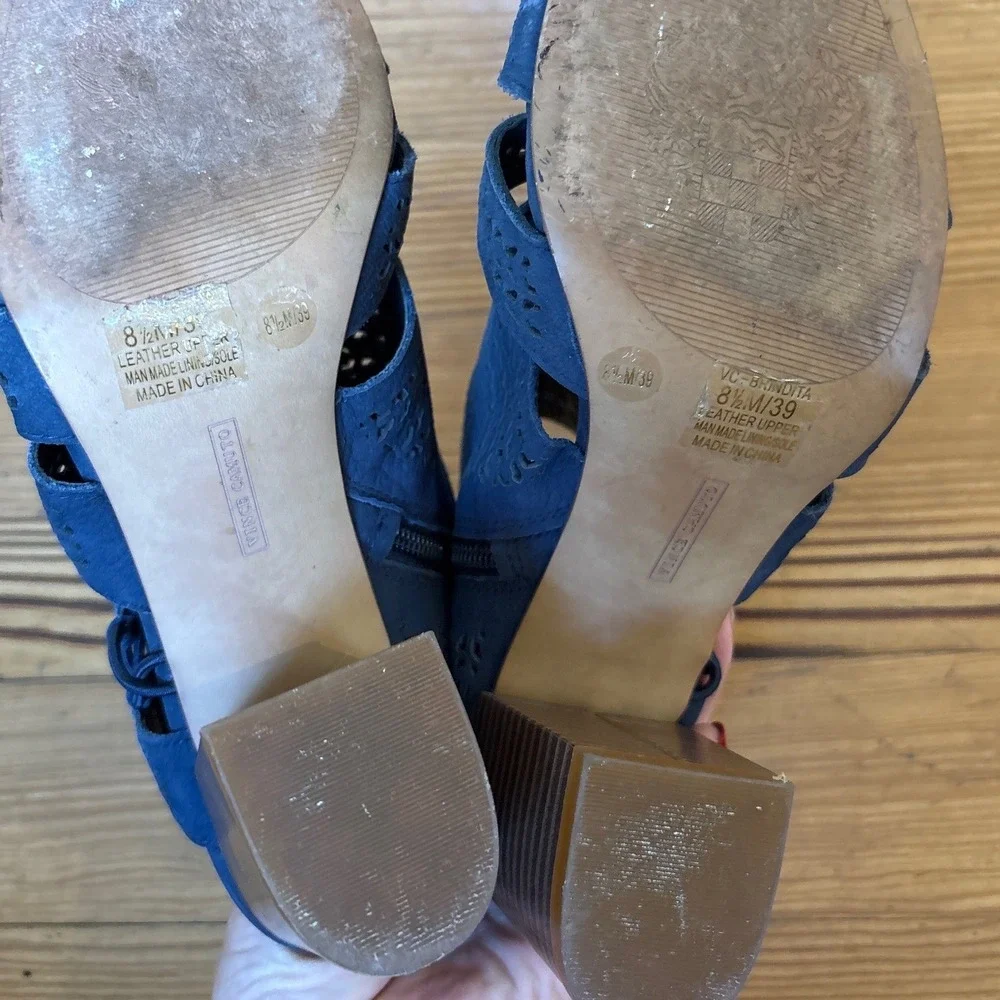 Vince‎ Camuto Brindita Sandals Women Blue Perforated Block Heel SIZE 8.5